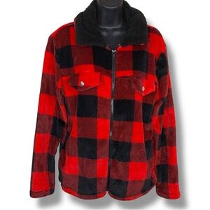 Small Red Black Plaid Fleece Jacket Womens Zip Closure Soft Flannel Look
